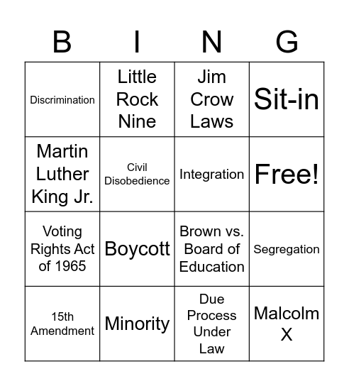 Civil Rights Movement Bingo Card