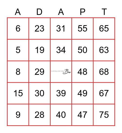 Bingo ADAPT Bingo Card