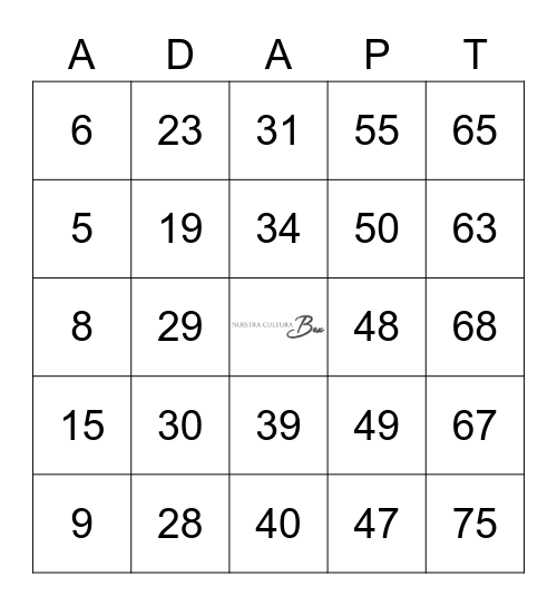 Number Bingo 1-75 Bingo Card