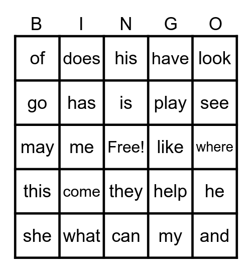 Sight Word Bingo Card