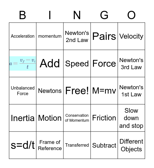 Motion and Forces Bingo 1 Bingo Card