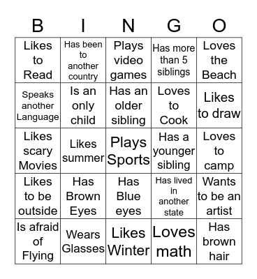 Getting to know you Bingo Card