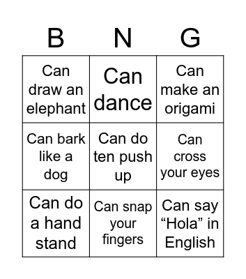 Can and Can't Bingo Activity Bingo Card