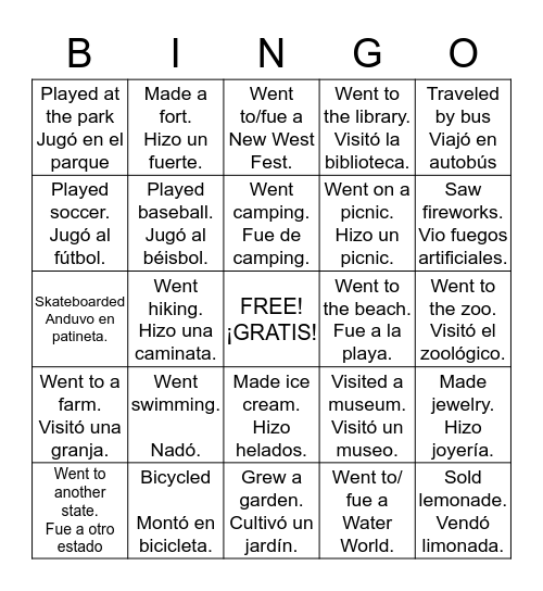 Back to School Bingo Card