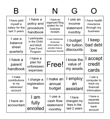 Fiscal Bingo - Family Child Care Bingo Card