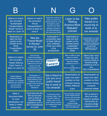 #SCJTransitMonth Bingo - Urban Board Bingo Card