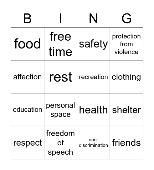 Youth rights Bingo Card