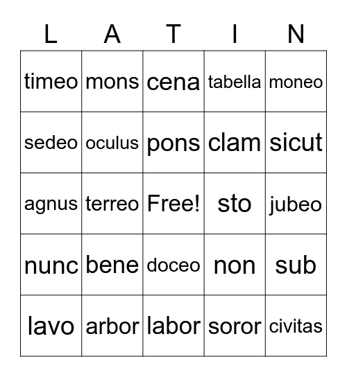 Latin Bingo Card