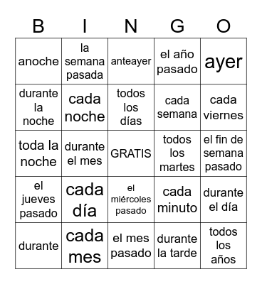 Past tense trigger words Bingo Card