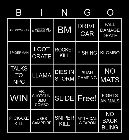 FORTNITE BINGO Card