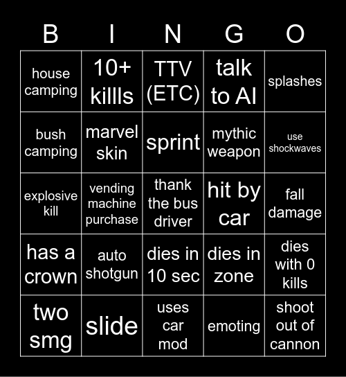 Fortnite Bingo Card