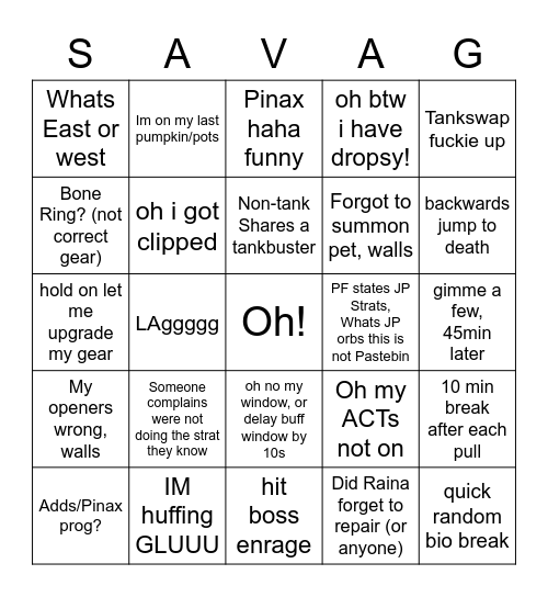 Savage Bingo Card