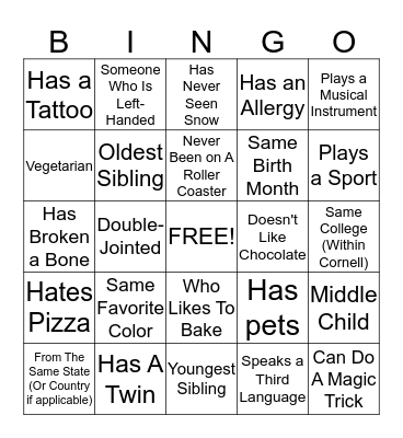 Get To Know You Bingo Card