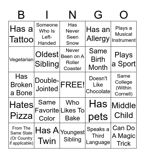 Get To Know You Bingo Card