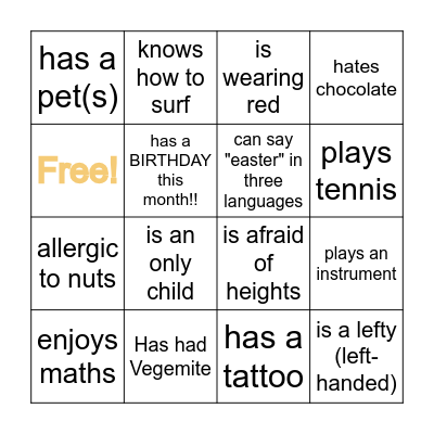 Get to Know Each Other Bingo Card