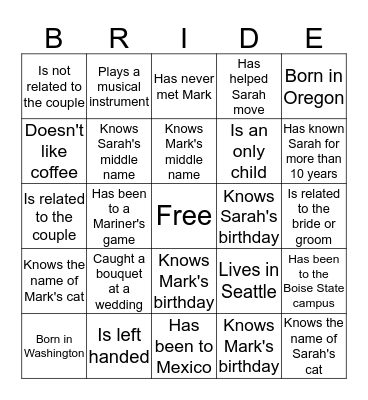 Bridal Bingo, Find someone who... Bingo Card