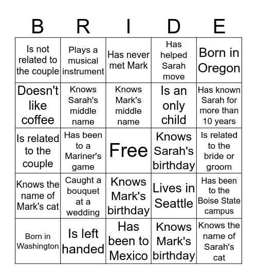 Bridal Bingo, Find someone who... Bingo Card