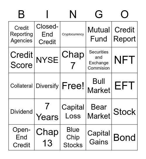 Personal Finance Bingo Card