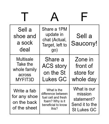 Taf Bingo Card