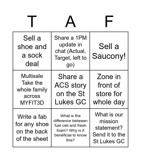 Taf Bingo Card