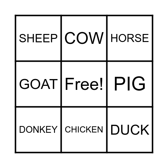 Farm Animal Bingo Card