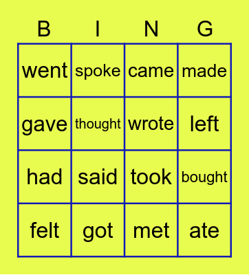 Irregular verbs Bingo Card