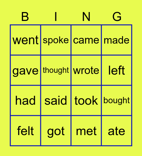 Irregular verbs Bingo Card