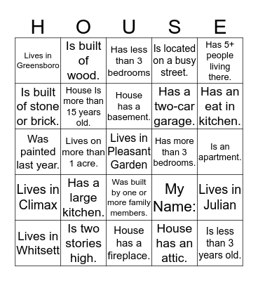 Housing Questions Bingo Card