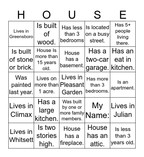 Housing Questions Bingo Card