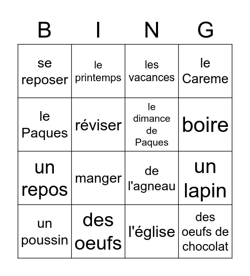 Les Vacances de Paques Bingo Card