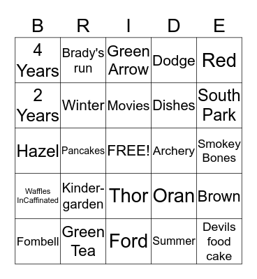 Bridal Shower Bingo Card