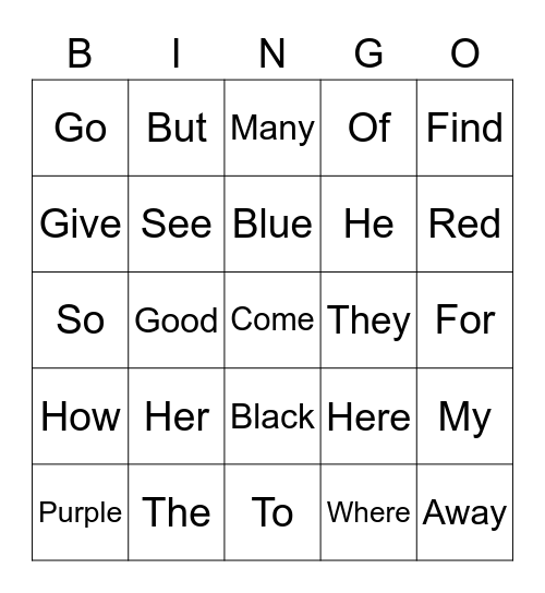 Sight words Bingo Card