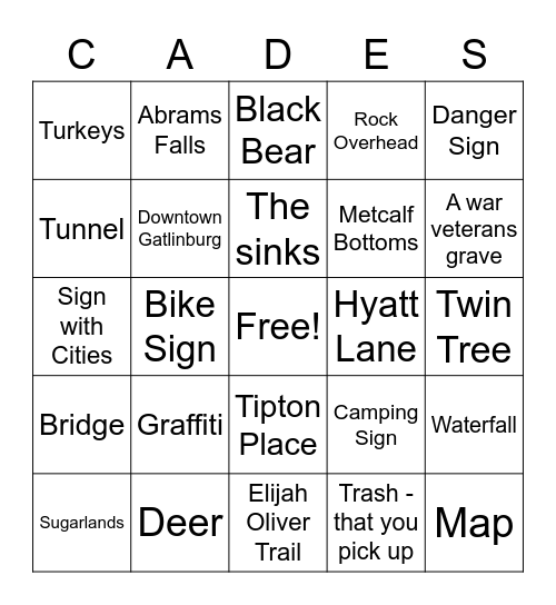 Cades Cove Bingo Card
