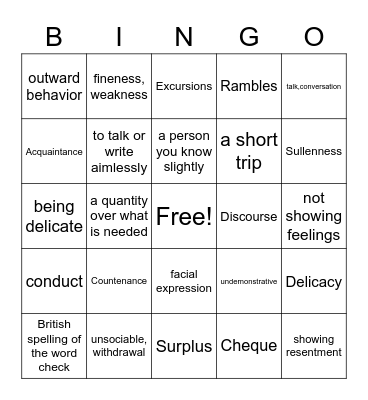 Vocabulary Bingo Card