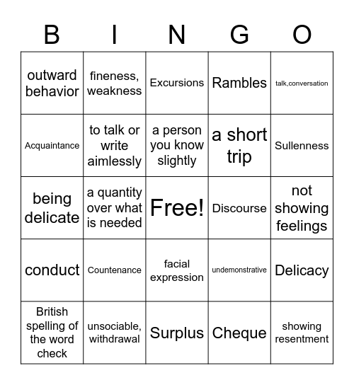 Vocabulary Bingo Card