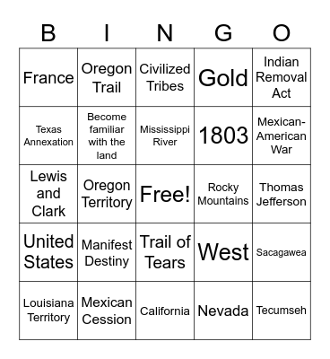 Westward Expansion Bingo Card