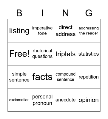 Key Words Bingo Card