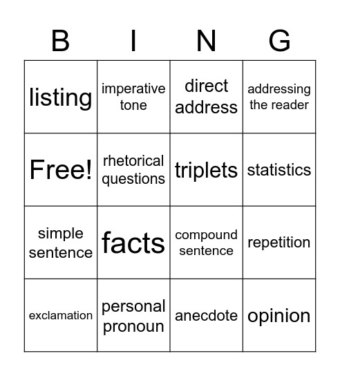 Key Words Bingo Card