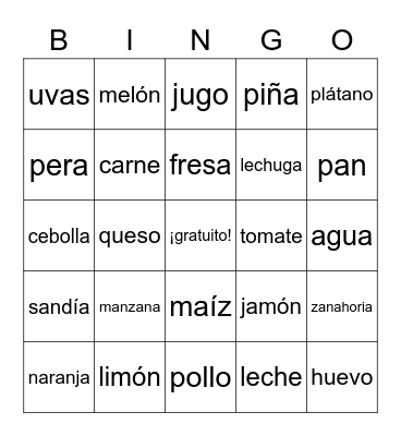 Spanish Food Bingo Card