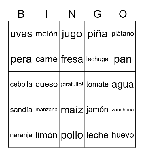 Spanish Food Bingo Card