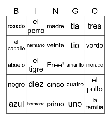 Colores, Numeros, Animales, Familia Bingo Card