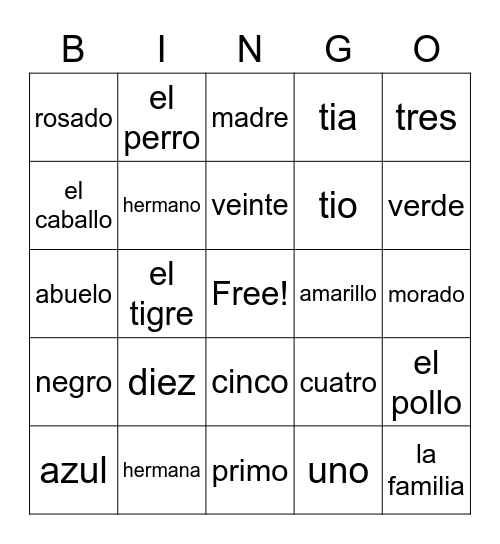 Colores, Numeros, Animales, Familia Bingo Card