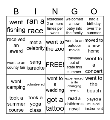 What did you do this summer? Bingo Card