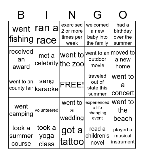 What did you do this summer? Bingo Card