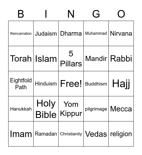 Religion Vocabulary Bingo Card