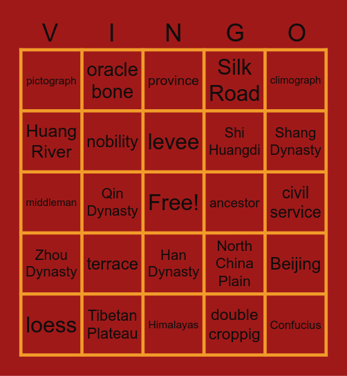 China Vocab Review Bingo Card