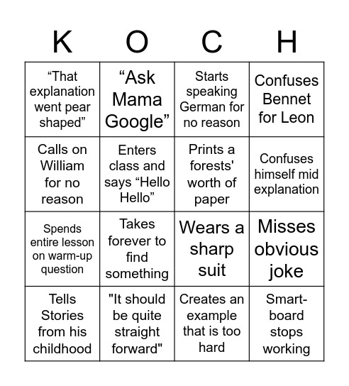 Mr. Koch Bingo Card