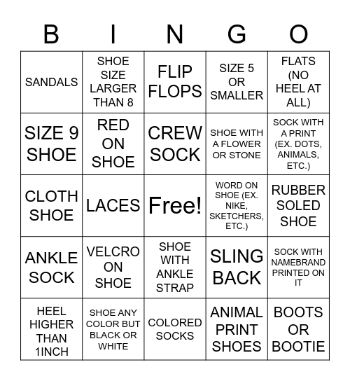 Shoe Bingo Card