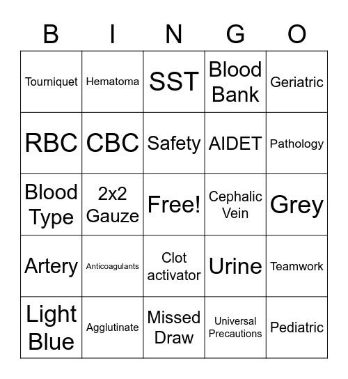 Phlebotomy Bingo Card