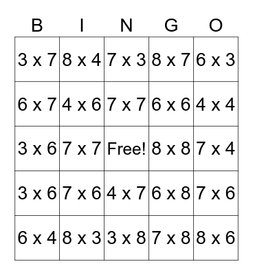 Right Brain Multiplication Bingo Card